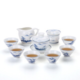 恒铭昌景德镇手绘青花陶瓷茶具套装10头家用办公整套功夫茶具6人盖碗茶杯私人可印广告logo礼品定制 青花山水斗笠套装6款杯