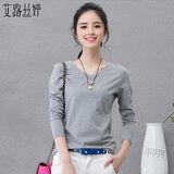 艾路丝婷长袖T恤女新款秋装韩版休闲修身纯色打底衫体恤TX3688 灰色 S