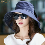 Siggi 帽子女春夏天遮阳帽户外潮防晒防紫外线大沿盆帽扎辫护颈防风帽 藏青色 M(56-58CM)