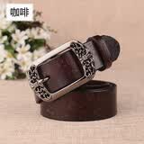 科迈狼 女士针扣牛皮皮带女式复古休闲饰宽时尚真皮针扣百搭腰带裤带  咖啡 100cm