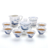 恒铭昌景德镇手绘青花陶瓷茶具套装10头家用办公整套功夫茶具6人盖碗茶杯私人可印广告logo礼品定制 青花山水斗笠套装