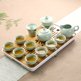 正扬汝窑茶具套装家用简约陶瓷紫砂整套茶具茶壶茶杯竹制茶台 （汝窑祥龙壶）套装-白/盘（大） 14件