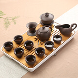 正扬汝窑茶具套装家用简约陶瓷紫砂整套茶具茶壶茶杯竹制茶台 （紫砂西施壶）套装-白/盘（大） 14件