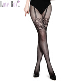 LOVEBOX 提花性感蕾丝连裤袜夏季 复古网袜 连裤网袜 黑色假吊带蕾丝T110030 均码