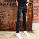 增仔新款破洞牛仔裤男韩版修身版小脚裤磨烂紧身裤小窄脚磨破铅笔裤日韩风显瘦长裤百搭休闲 黑色 27码