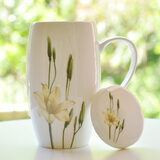 后海700ML大容量马克杯带盖骨瓷喝水杯子办公室茶杯女陶瓷水杯有盖的 腰鼓杯-水百合黄[700ML可微波]