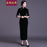 华族经典中年女士婚宴长款礼服春冬金丝绒旗袍连衣裙大码日常气质 草绿色 XL