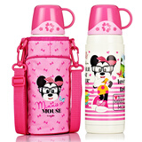 品家家品儿童保温杯米奇水杯真空不锈钢保温带杯套防漏大容量水杯 3501粉米妮600ML(单盖+杯套)