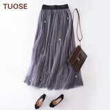 TUOSE 半身裙 夏季新款韩版网纱中长款高腰显瘦钉珠百褶蓬蓬半身裙 灰色 均码
