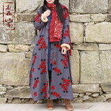 乱在江南民族风绣花棉服女长款加绒保暖冬季新款宽松复古棉大衣外套 灰底绣花 均码