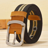 科迈狼 帆布腰带男士针扣学生青年休闲裤带帆布皮带男简约韩版潮 卡扣战术尼龙户外编织腰带 黑色条纹 105cm