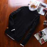毛衣男加绒加厚秋季薄款针织衫男款潮流修身圆领套头毛衫个性贴皮设计 黑色1588 L