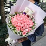 来一客鲜花速递粉玫瑰花束送女友老婆表白生日全国同城配送 33朵粉玫瑰花束小熊款