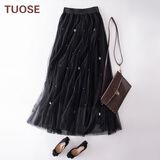 TUOSE 半身裙 夏季新款韩版网纱中长款高腰显瘦钉珠百褶蓬蓬半身裙 黑色 均码
