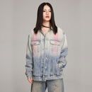 LALABOBO美式复古小丑纯棉牛仔外套女秋季新款渐变粉宽松夹克LBDC-WSJW12 中蓝白 常规 S