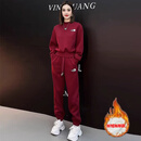 NYIG秋冬季新年款显瘦减龄洋气时尚休闲运动加绒卫衣套装裤女 酒红色 加绒套装 M