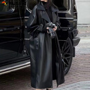啄木鸟高级感时尚气质长款过膝皮衣外套女2025春装新款宽松软皮机车夹克 黑色 S 80-120斤