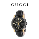 GUCCI古驰G-Chrono系列男士皮革表带手表腕表,44毫米 黑色/浅黄金色 均码