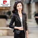 皮尔卡丹（pierre cardin）针织皮衣女短款2025春秋韩版新款皮机车夹克百搭修身显瘦 黑色 M