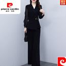 皮尔卡丹（pierre cardin）大码女装2025春秋新款胖妹妹显瘦遮肉套装时尚职业两件套裤子女装 藏青色 3XL (建议135-145斤)