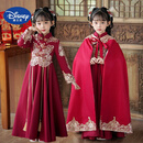 迪士尼（Disney）汉服女童加厚古装连衣裙中国冬季小女孩古风冬装儿童唐装过年拜年 酒红色裙子+披风送发夹 150