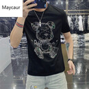 香港潮牌高档品牌短袖男ins网红超火暴力熊烫钻男装T恤潮牌精神修身棉半截袖体.桖血带钻 黑色 L（收藏优先发货）