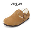 Devo Life的沃软木鞋休闲冬季毛加绒内里保暖包头软木包头女鞋96008 黄棕反绒皮+白毛 38