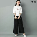中医馆工作服套装茶楼采耳技师女养生馆理疗师中式服装中国风唐装 白色上衣+黑色裤子 M