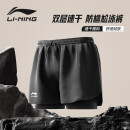 李宁（LI-NING）泳裤男士防尴尬宽松平角沙滩泳裤双层温泉海边度假游泳裤黑色XL