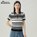 哥弟真的好2023夏季新款复古拉链Polo领拼色条纹莱赛尔针织衫女T恤A301201 黑领-黑白条 M(3码)