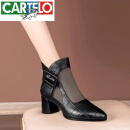 卡帝乐鳄鱼（CARTELO）品牌真皮网纱凉靴女春夏季新款镂空包头粗跟中跟时尚女靴 黑色 36