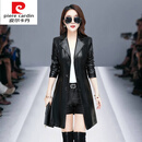 皮尔卡丹（pierre cardin）针织海宁皮衣女中长款2025年秋冬新款女士皮风衣春秋时尚 黑色 M (适合80-96斤)