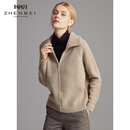 珍贝纯羊绒衫女秋冬新款加厚拉链开衫保暖针织外套简约TM8166 浅驼 XL （110码）