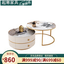 潘多拉岩板圆形茶几组合带双抽储物收纳客厅家用小型极简家具 白双抽金架 80+60亮面潘多拉