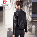 皮尔卡丹（pierre cardin）针织皮衣外套女春秋短款高腰皮夹克2025新款时尚女士黑色百搭 黑色款  常规 M
