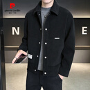 皮尔卡丹（pierre cardin）毛呢夹克男秋冬季2024新款潮流夹棉短款呢子大衣男士翻领外套秋装 黑色(常规款) XL