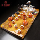 汉帝唐韵整块金丝楠木茶盘茶托茶具套装客厅全自动一体玻璃烧水壶简约茶台 10边雕荷塘月色1米长+玻璃电器_10