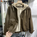 啄木鸟欧货加绒皮衣外套女连帽短款上衣2025秋冬新款羊羔毛内里派克服潮 咖色 XL 120-135斤