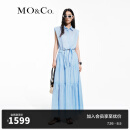 MO&Co.2024夏新品高腰裂口绑带苎麻棉衬衫长裙连衣裙MBD2DRS096 蓝白条色 M/165
