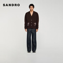 SANDRO季末6折2025秋冬男装法式花朵图案深棕色绵羊毛针织开衫 70/巧克力色 M