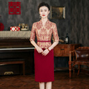 金柏尼高端品牌结婚丈母娘婚礼服连衣裙洋气假两件V领小个子喜婆婆礼服 酒红色 M