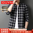 GUYN轻奢品牌男装长袖衬衫男士2025秋季新款商务简约格子衬衣 米色 L 170