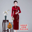 玫芙娜旗袍中国风秋冬新款气质高端喜婆婆婚宴装刺绣旗袍婚礼妈妈礼服女 酒红手绘加绒款 2XL