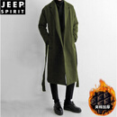 JEEP SPIRIT秋冬季风衣男长款潮流帅气过膝加厚学生中长毛呢大衣韩版修身外套 军绿色加棉 M 120斤以内