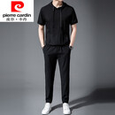 皮尔卡丹（pierre cardin）2025夏季冰丝连帽短袖卫衣套装男薄款T恤束脚长裤运动休闲两件套 黑色 4XL