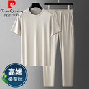 皮尔卡丹（pierre cardin）桑蚕丝夏季薄款男士套装中年爸爸短袖宽松裤子男休闲运动休闲两件 杏色 【舒爽桑】 M