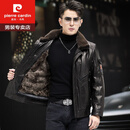 皮尔卡丹（pierre cardin）头层牛皮皮衣男士飞行服真皮羽绒服机车款中青年冬季油蜡外套 黑色(可脱卸羊皮毛内胆)(羽绒袖) L 大概适合体重111-125斤