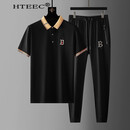 HTEEC香港轻奢潮牌2021夏季新款短袖polo衫套装男字母刺绣帅气轻薄款透气运动服两件套 黑色 L