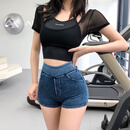 Aisunstyle欧美ins仿牛仔运动瑜伽短裤女紧身弹力高腰提臀普拉提跳操健身裤 深蓝牛仔 L