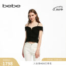 bebe2024夏季新款女士一字领钻饰肩链荷叶边短款上衣280401 黑色 S